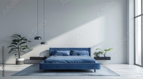 Minimalist blue bedroom with a sleek blue platform bed, white walls, and simple geometric decor