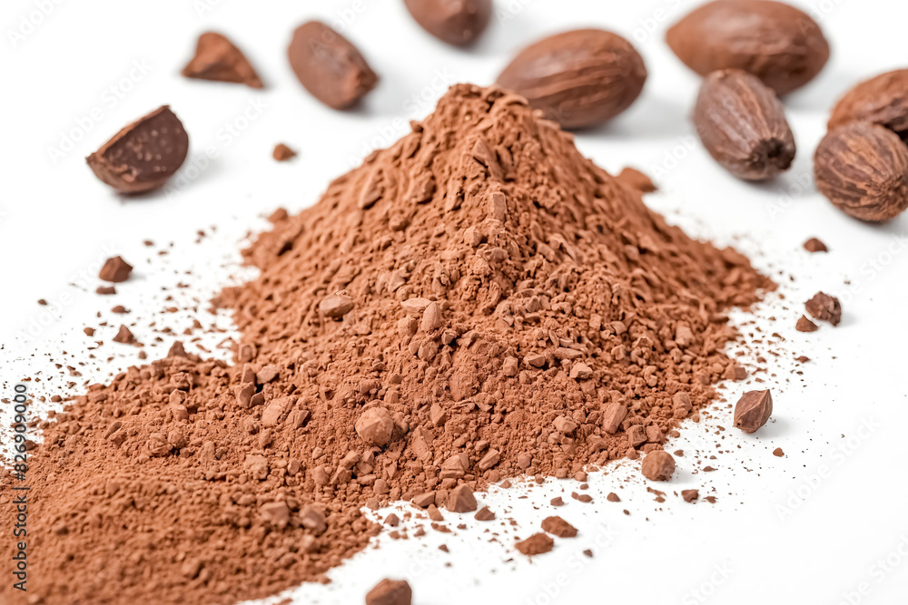 Cocoa powder with cocoa beans on a white background. Cocoa powder with cocoa beans on a white background.