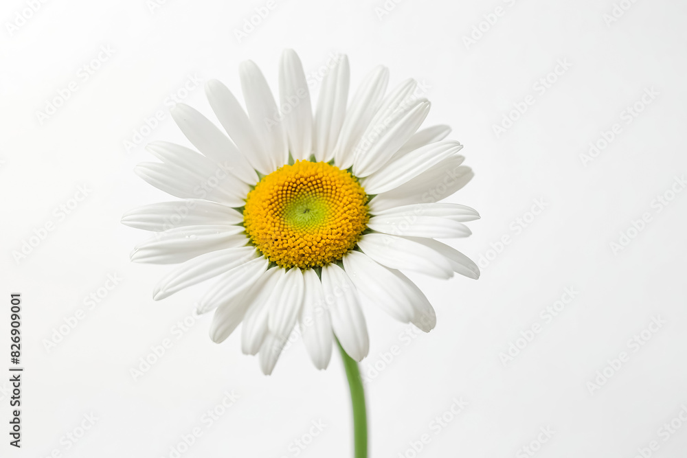 A single white daisy stands out against a plain white background. Its delicate petals and bright yellow center create a beautiful contrast. A single white daisy stands out against a plain white background. Its delicate petals and bright yellow center create a beautiful contrast.
