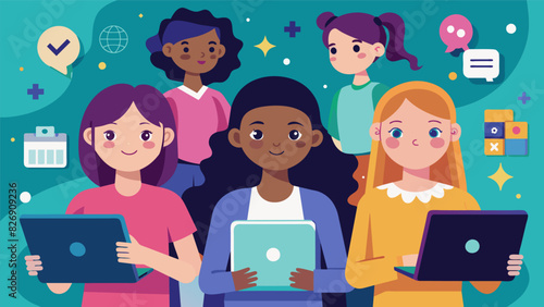A group of young girls proudly showcasing their apps and games breaking stereotypes and inspiring other girls to pursue coding at a youth coding. Vector illustration