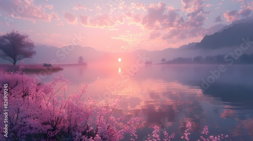 calm lakeside scene at dawn, where the water reflects soft fluffy hues of peach and lavender