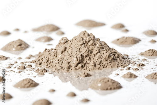 A close-up shot of mud puddles on a white background. The mud is a light brown color and has a textured surface. The puddles are of varying sizes and shapes. 