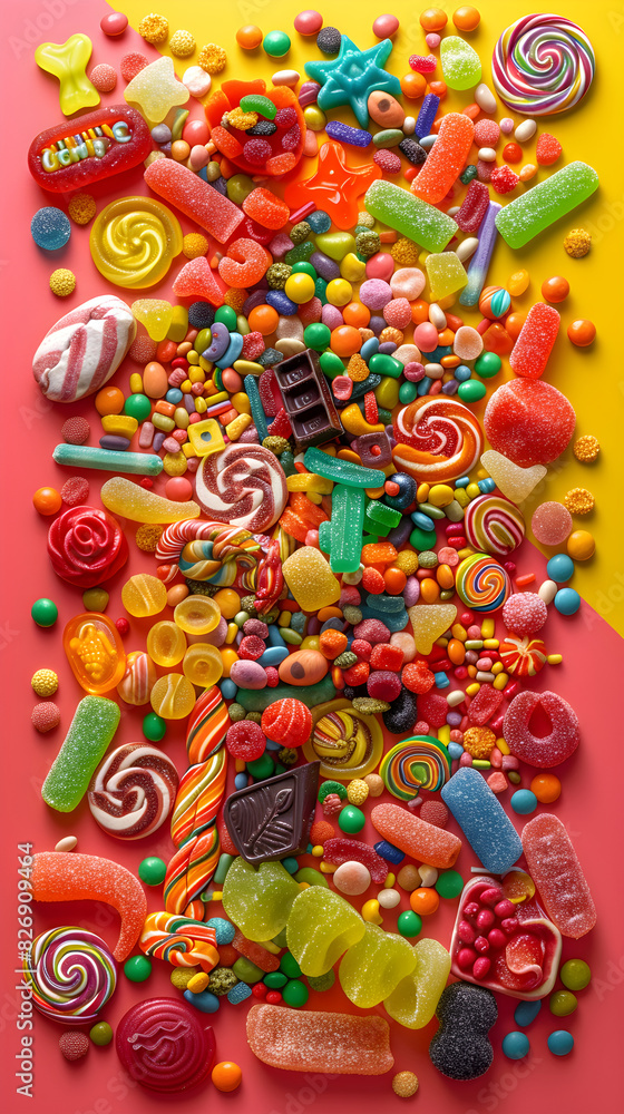 Colorful and Playful Assortment of Various Candies on a Bright Background Evoking Joy and Nostalgia