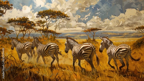 Zebras strolling casually across the savannah