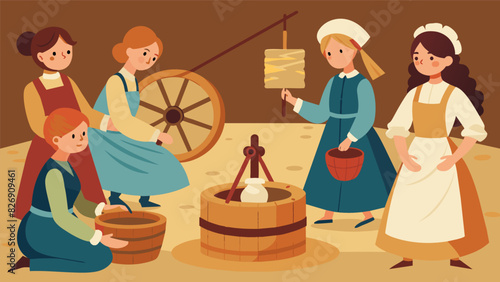 Young girls dressed in colonial dresses spinning wool and learning how to churn butter at a pioneer reenactment camp.. Vector illustration