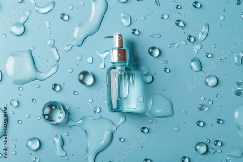 Cosmetic moisturizing liquid drops on blue pastel background. Toner or lotion. Hyaluronic serum - generative ai