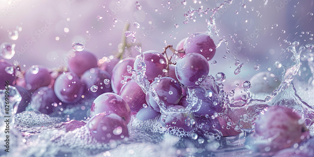 water splashing around purple grapes, generative AI water splashing around purple grapes, generative AI