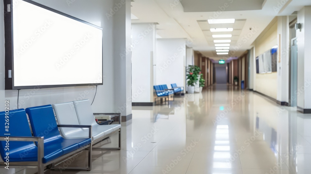 A blank advertising billboard in the lobby of a clinic, providing ample space for your message or media content. Enhance visibility in a high-traffic healthcare environment A blank advertising billboard in the lobby of a clinic, providing ample space for your message or media content. Enhance visibility in a high-traffic healthcare environment