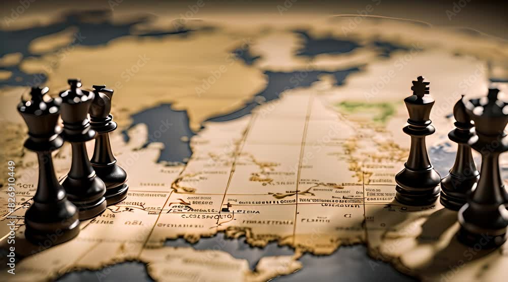 Strategic Global Power Dynamics: Chess Pieces on a World Map Strategic Global Power Dynamics: Chess Pieces on a World Map