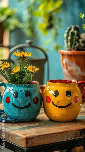 international friendship day mugs and a cactus sit on a wooden table adorned with yellow flowers, against a blue wall, with a black chair in the background photo