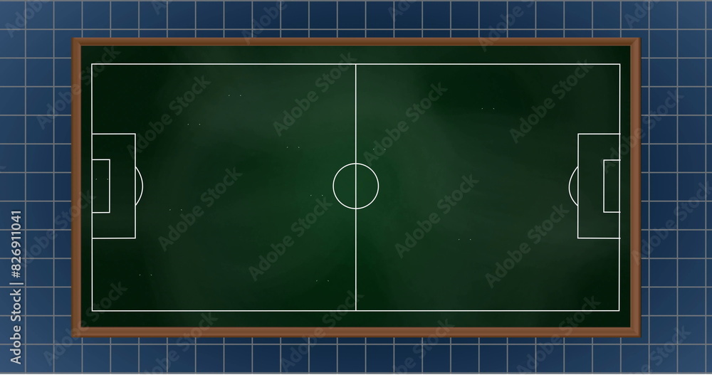 Fototapeta premium Image of arrow on soccer court with grid pattern on blue background