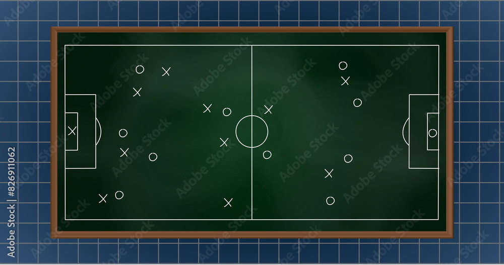 Fototapeta premium Image of arrow on soccer court with grid pattern on blue background