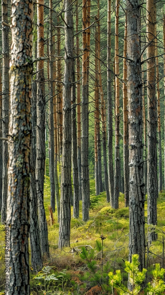 Naklejka premium Realistic photography of coniferous forest. Abstract background of a northern forest