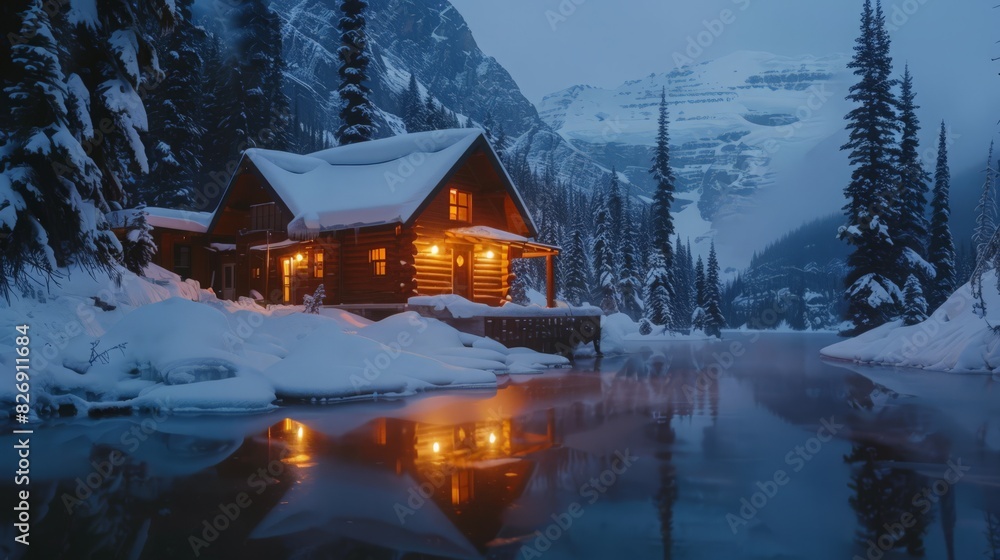 Discover the winter charm of Emerald Lake in Yoho National Park, British Columbia. The glowing wooden lodge amidst snow-covered rocky mountains Discover the winter charm of Emerald Lake in Yoho National Park, British Columbia. The glowing wooden lodge amidst snow-covered rocky mountains