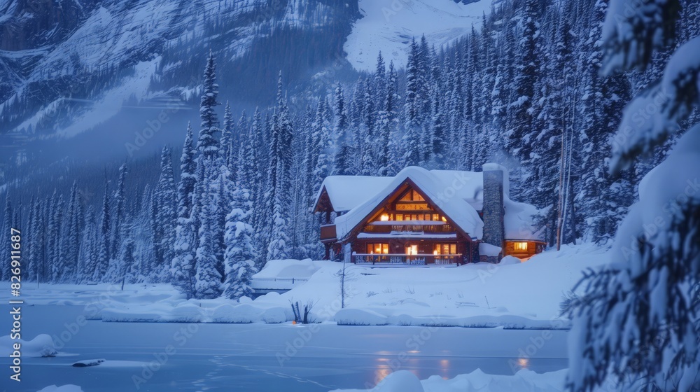 Discover the winter charm of Emerald Lake in Yoho National Park, British Columbia. The glowing wooden lodge amidst snow-covered rocky mountains Discover the winter charm of Emerald Lake in Yoho National Park, British Columbia. The glowing wooden lodge amidst snow-covered rocky mountains