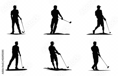 Male Golfer Silhouettes black Clipart Set, Golfer Silhouette Vector art bundle