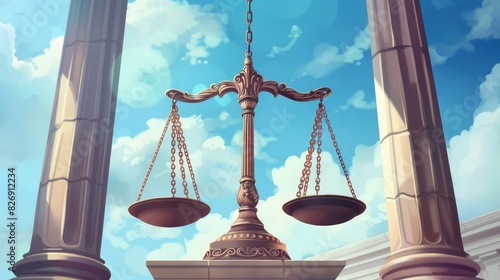 fairness scales of justice against court house building background banner, concept of business financial protection by law photo