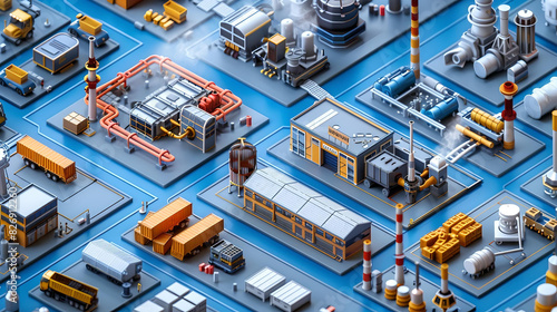 Detailed isometric illustration of an industrial factory, showcasing various machinery, equipment, and logistics on a blue background.