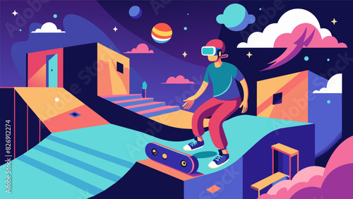 An immersive experience awaits in the VR skatepark where skateboarders can escape reality and enter a realm filled with endless possibilities and. Vector illustration