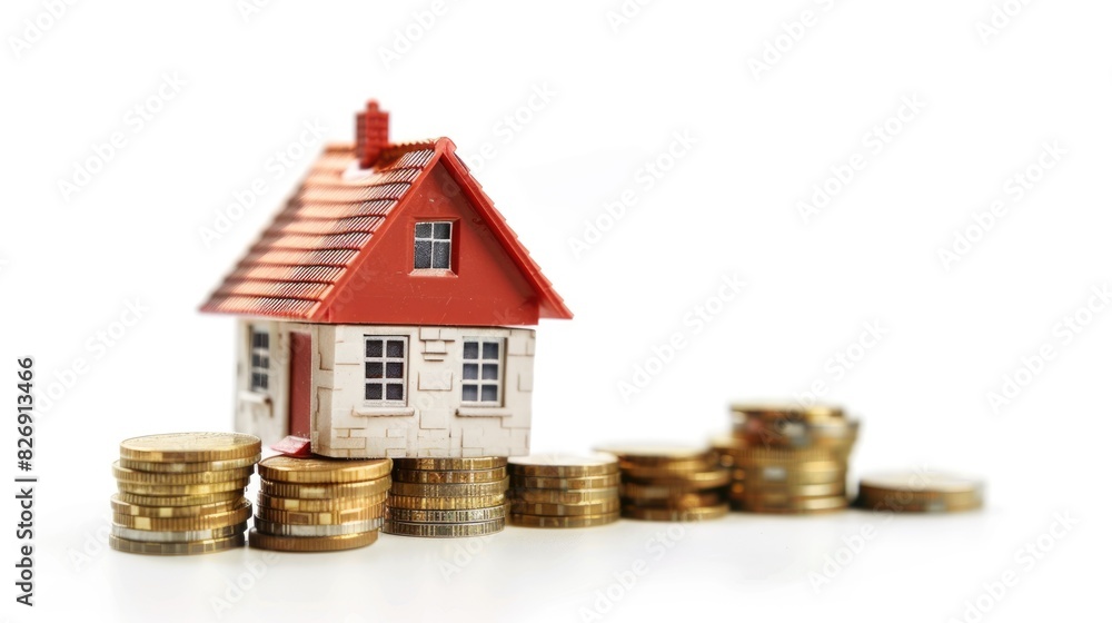 House and stack of coins with white background. Home savings concept. Energy saving. Cost of the house. Cost of living. Savings for home goal. Dreaming of home. Investment property House and stack of coins with white background. Home savings concept. Energy saving. Cost of the house. Cost of living. Savings for home goal. Dreaming of home. Investment property