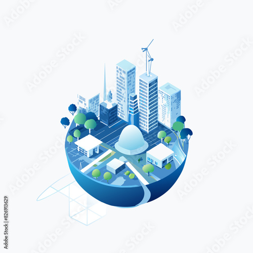Illustrate a modern city with plenty of green spaces, trees, and parks, emphasizing urban sustainability and eco-friendly architecture.