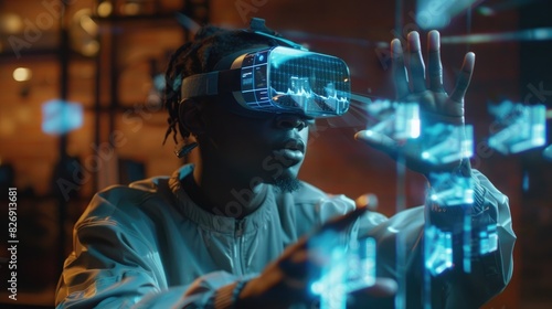 Young black man wearing augmented reality goggles in an office room, touching the air with his hand and digital holographic floating screens emerging from it, dark background, low light photo