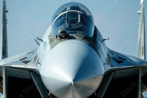 A close-up of the nose of a fighter jet, exuding power and majesty.

