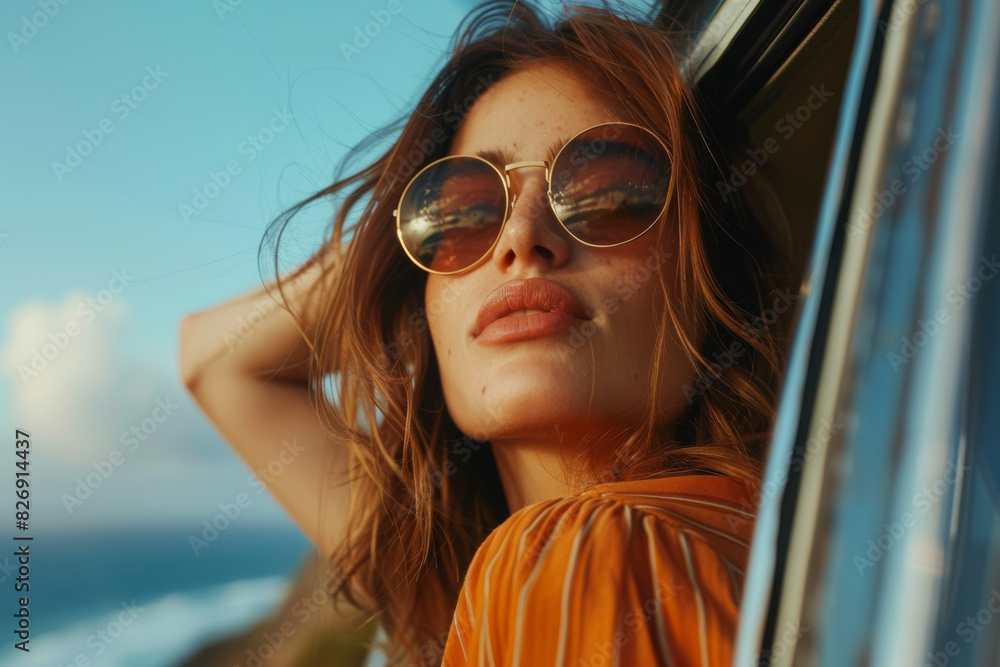 Portrait of beautiful young woman in sunglasses smiling while sitting on the beach by car window, looking at camera, summer vacation concept. Portrait of beautiful young woman in sunglasses smiling while sitting on the beach by car window, looking at camera, summer vacation concept.
