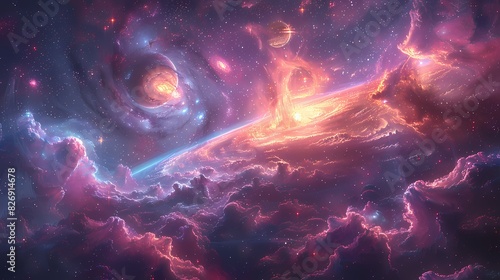 cosmic scene with planets and galaxies in soft liquid hues