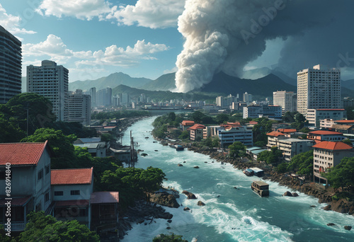 Earthquake and tsunami destroys a city. Pillars of smoke billow into the sky. The concept of disasters. Tsunami. For posters, banners, backgrounds, with copy space.