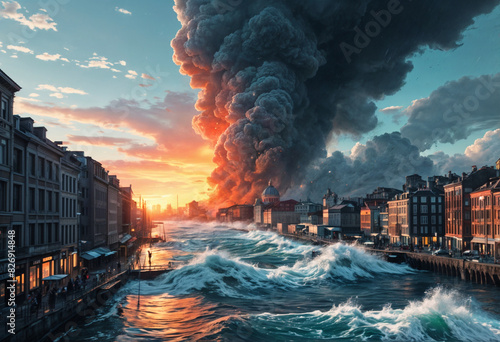 Earthquake and tsunami destroys a city. Pillars of smoke billow into the sky. The concept of disasters. Tsunami. For posters, banners, backgrounds, with copy space.
