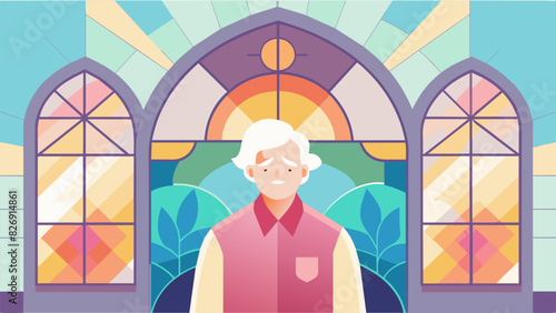 A stained glass installation in a retirement home with soft pastel colors to promote comfort and wellbeing a the residents.. Vector illustration