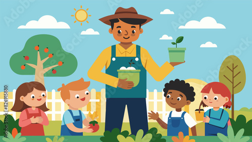 A young farmer volunteers at local schools teaching children about the importance of sustainable farming and cultivating future generations of. Vector illustration