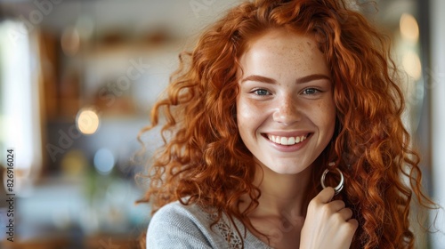 a young joyful smiling pretty curly redhead woman photo