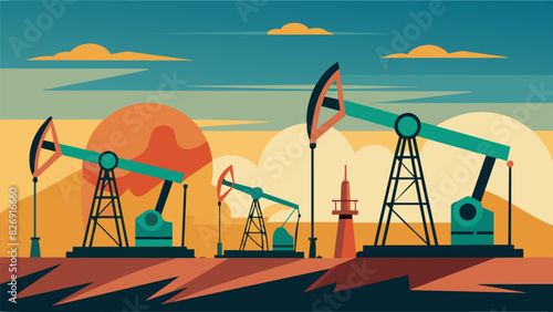 The rhythmic movement of the pump jacks in the field is almost hypnotizing a symbol of the ongoing cycle of extraction and consumption.. Vector illustration
