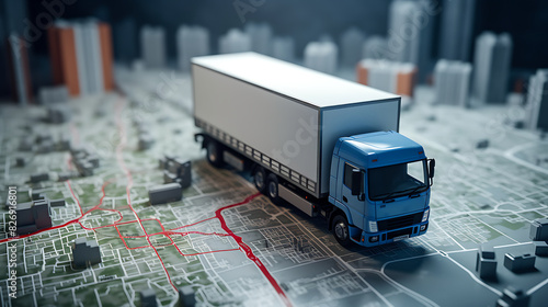 Distribution and delivery concept. GPS tracking from top view moving truck with container on a map.