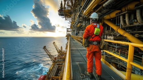 A man travels across the water, on a bridge connecting the oil rig to the boat, under a sky filled with clouds and naval architecture. AIG41