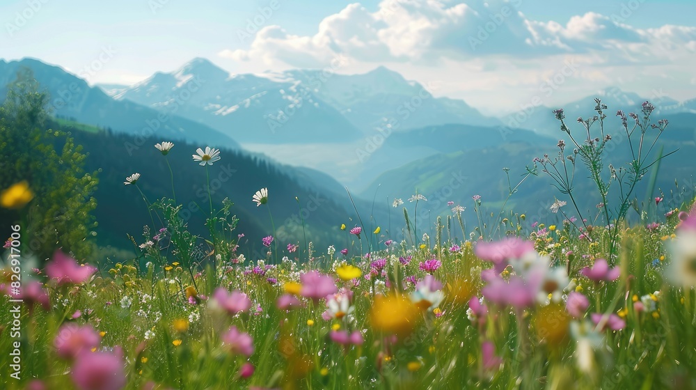 Fototapeta premium Mountains wallpaper. Mountainous Grass Field Landscape. Grass field with mountains against a backdrop of blue sky and white clouds. Mountains with fog wallpaper.