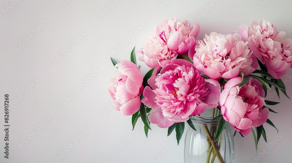 A bouquet of vibrant pink peony flowers in a clear glass vase against a light pastel background. A bouquet of vibrant pink peony flowers in a clear glass vase against a light pastel background.
