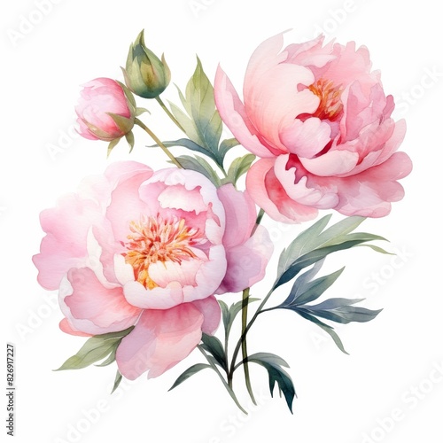 Delicate watercolor painting featuring pink peonies in full bloom with green leaves, showcasing artistic floral beauty. ©  Visual Pioneer