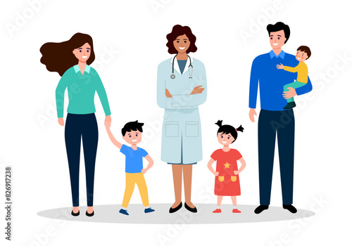 Family dentist or doctor. The stomatologist and his smiling patients.