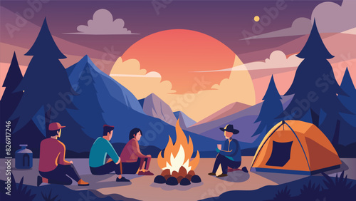 As the sun sets behind them the friends reach a secluded campsite where they build a fire and gather to enjoy the peaceful serenity of the wilderness.. Vector illustration