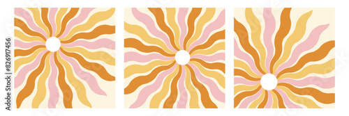 Groovy retro abstract sun backgrounds. Organic doodle shapes in trendy naïve hippie style. Contemporary poster print banner template. Vertical Wavy vector illustration.