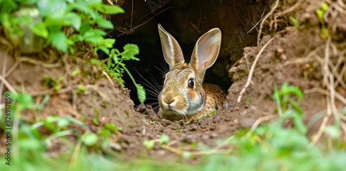 A European rabbit peeking out from the entrance of its burrow © ridjam