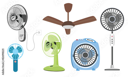 Electric fan vector set. Household appliance. Flat vector in cartoon style isolated on white background.