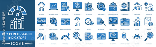 Key Performance Indicators icon. KPI Metrics, Performance Tracker, Data Analytics, KPI Dashboard, Evaluation, Goal Progress, Performance Analysis, Measurement, Benchmark, Business Metric icon