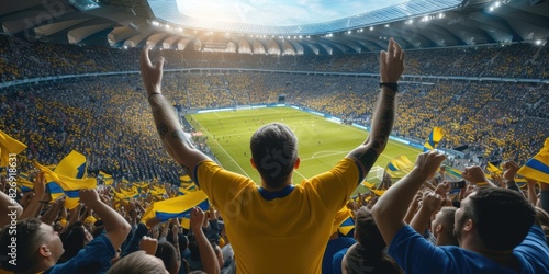 A fan wearing a yellow jersey exhibits a gesture of joy and excitement in a world stadium, enjoying leisure and fun while watching a team sport ball game. AIG41 © Summit Art Creations