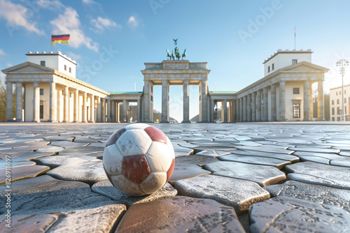 Foto Soccer Ball Close-Up Against Brandenburg Gate, Concept of European Football Cham