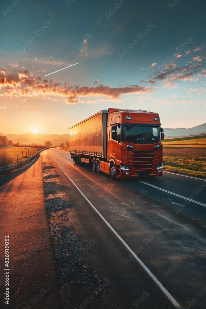 Spectacular sunset drive with orange semi truck on road travel and business aesthetic at dusk