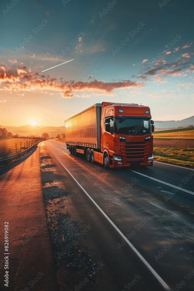 Spectacular sunset drive with orange semi truck on road travel and business aesthetic at dusk Spectacular sunset drive with orange semi truck on road travel and business aesthetic at dusk